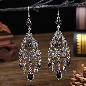 2/$24 Vintage-Style Silver Plated Black Chandelier Dangle Earrings
